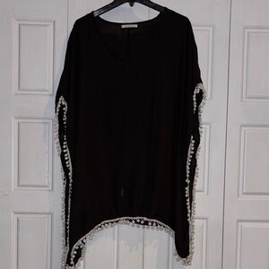 Elegant Black Sheer Tunic with Pom-Pom Accents